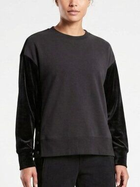 Athleta Retroplush Velvet Side Snap Crewneck Sweatshirt Large Black Mixed Media